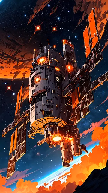 Futuristic Spaceship Orbiting Fiery Planet - Free 4K & 8K Mobile Wallpaper