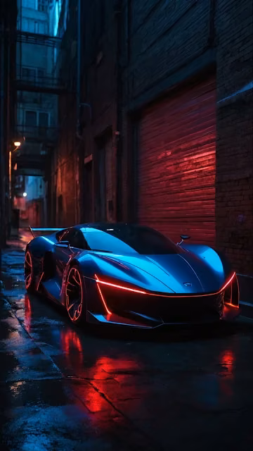 Futuristic Sports Car in Neon Alley at Night - Free 4K & 8K Mobile Wallpaper