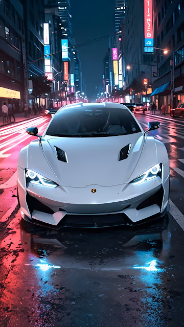 Futuristic Sports Car on Neon Wet City Street at Night - Free 4K & 8K Mobile Wallpaper