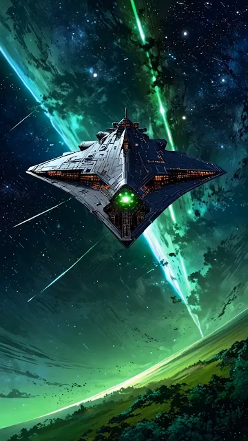 Futuristic starship hovers above glowing green alien planet - Free 4K & 8K Mobile Wallpaper