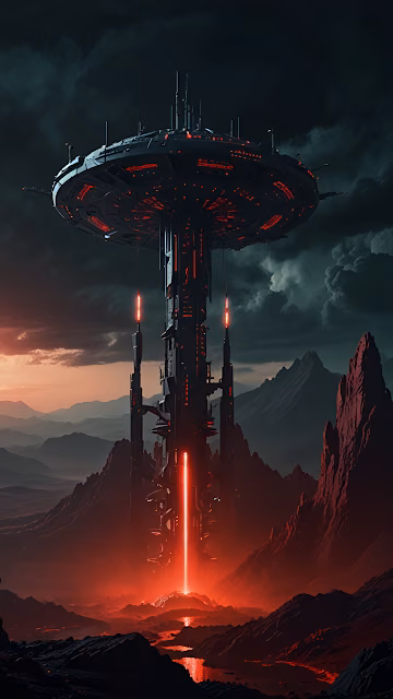 Futuristic Tower Emitting Red Beam Over Alien Landscape - Free 4K & 8K Mobile Wallpaper