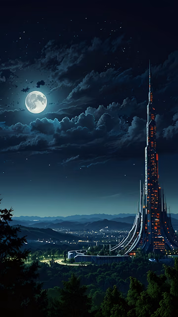 Futuristic Tower Glowing Under Full Moon in Night Sky - Free 4K & 8K Mobile Wallpaper