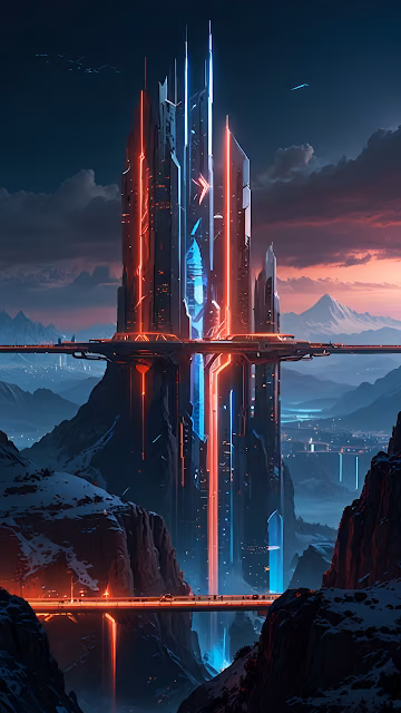 Futuristic Tower with Neon Lights in Mountain Valley - Free 4K & 8K Mobile Wallpaper