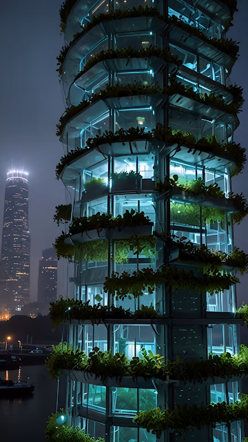 Futuristic Vertical Farm Skyscraper Glowing Green at Night - Free 4K & 8K Mobile Wallpaper