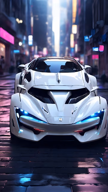 Futuristic White Hypercar in Neon Cyberpunk City Alley - Free 4K & 8K Mobile Wallpaper