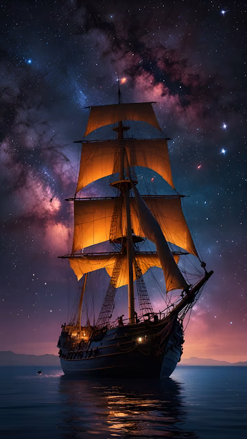 Galleon Sailing Under Vibrant Milky Way Galaxy Night Sky - Free 4K & 8K Mobile Wallpaper