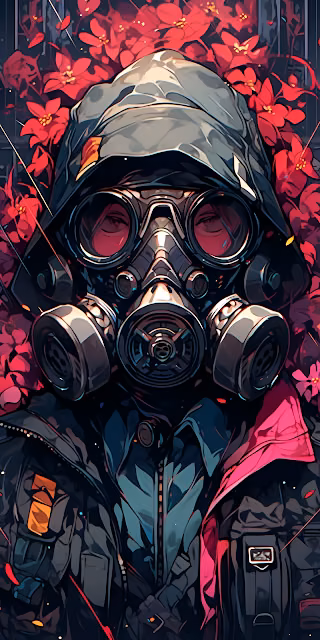 Gas Mask Portrait Red Flowers Dystopian Graphic Novel - Free 4K & 8K Mobile Wallpaper
