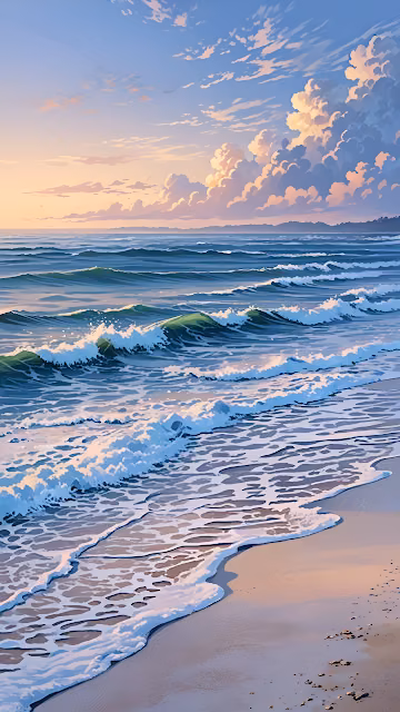 Gentle Ocean Waves Rolling onto Sandy Beach at Sunset - Free 4K & 8K Mobile Wallpaper