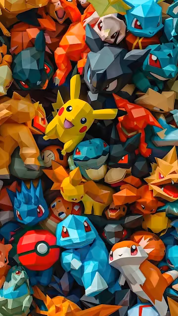 Geometric Low-Poly Pokemon Character Pile - Free 4K & 8K Mobile Wallpaper