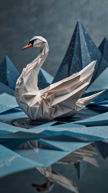 Geometric Paper Swan on Blue Origami Water - Free 4K & 8K Mobile Wallpaper
