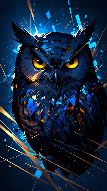 Geometric Shard Owl Art Intense Blue and Gold Abstract - Free 4K & 8K Mobile Wallpaper