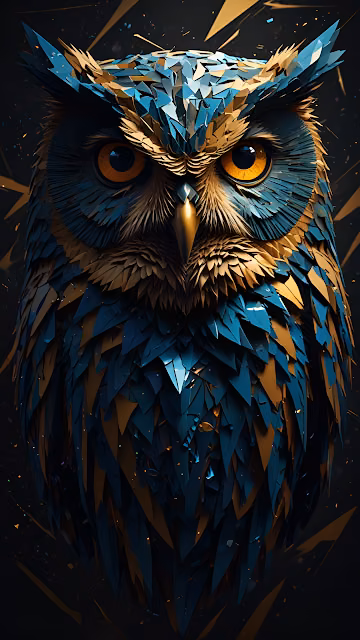 Geometric Shard Owl Portrait Blue and Gold Art - Free 4K & 8K Mobile Wallpaper
