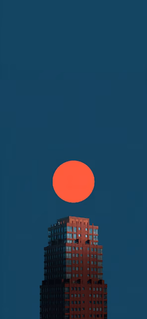 Geometric Skyscraper Minimalist Red Sun Teal Sky Art - Free 4K & 8K Mobile Wallpaper
