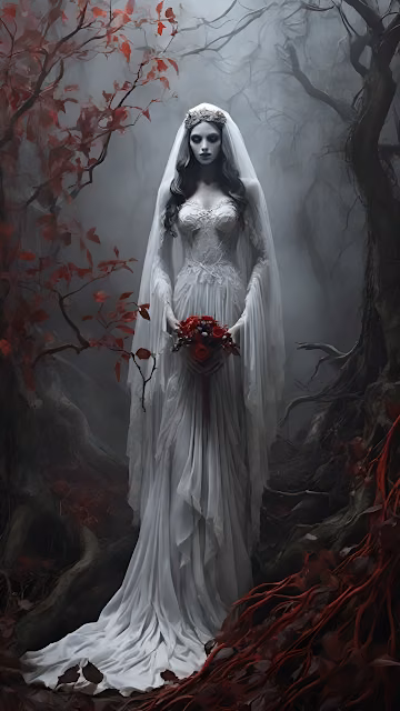 Ghost Bride Dark Forest Gothic Wedding Dress Horror Art - Free 4K & 8K Mobile Wallpaper