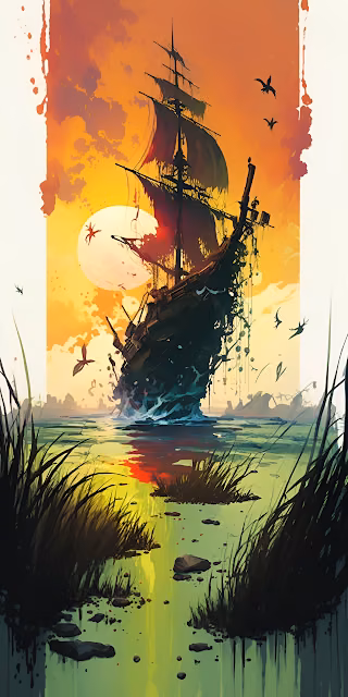 Ghostly Galleon Shipwreck Marsh Sunset Illustration - Free 4K & 8K Mobile Wallpaper