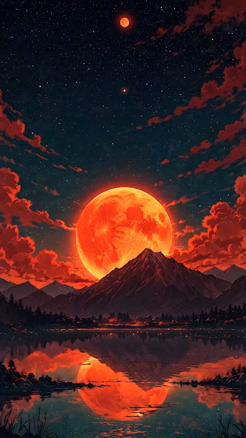 Giant Blood Moon Rising Over Mountain Lake Reflection Art - Free 4K & 8K Mobile Wallpaper