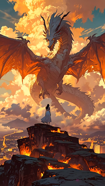 Giant Dragon Soaring Over City at Sunset with Lone Figure - Free 4K & 8K Mobile Wallpaper