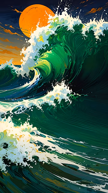 Giant Emerald Ocean Wave Crashing Sunrise Japanese Style Art - Free 4K & 8K Mobile Wallpaper