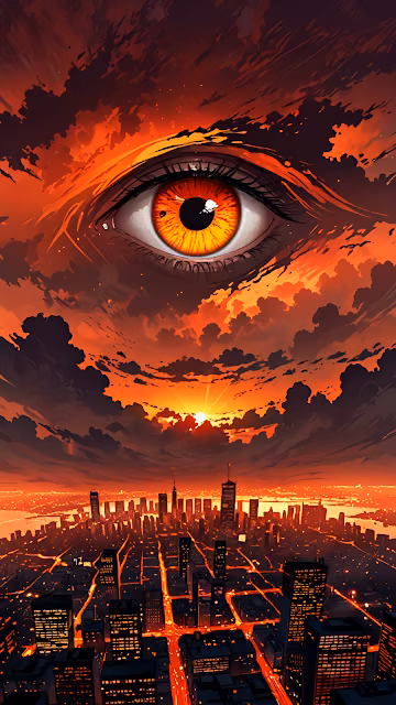 Giant Eye Watching City Under Fiery Sunset Sky - Free 4K & 8K Mobile Wallpaper