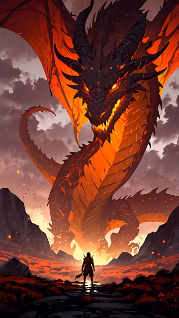 Giant fire dragon looms over lone warrior in volcanic valley - Free 4K & 8K Mobile Wallpaper