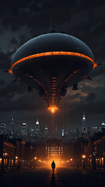 Giant Flying Saucer Hovering Over City at Night with Lone Figure - Free 4K & 8K Mobile Wallpaper