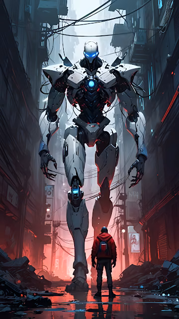 Giant Mech Confrontation in Dystopian Cyberpunk Alley - Free 4K & 8K Mobile Wallpaper