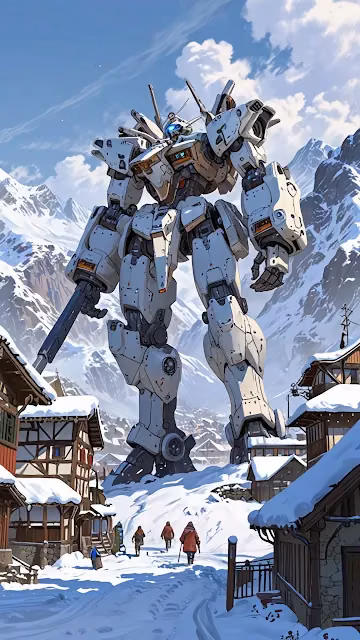 Giant Mech Towering Over Snowy Alpine Village - Free 4K & 8K Mobile Wallpaper