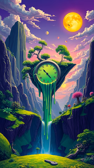 Giant melting clock drips green goo over waterfall in fantasy valley - Free 4K & 8K Mobile Wallpaper