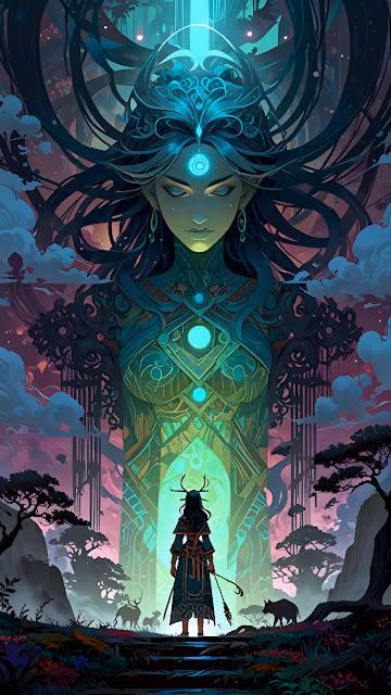 Giant Mystical Woman with Glowing Circles in Fantasy Landscape - Free 4K & 8K Mobile Wallpaper