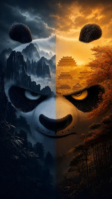 Dual-tone double exposure blending a giant panda face with misty mountains and a golden temple landscape. Double exposure portrait of a giant panda split between blue misty mountains and a warm golden pagoda landscape.