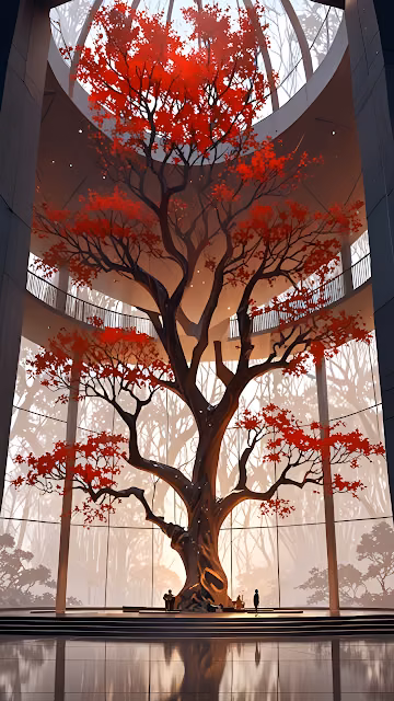 Giant Red Maple Tree Modern Atrium Architecture Nature - Free 4K & 8K Mobile Wallpaper
