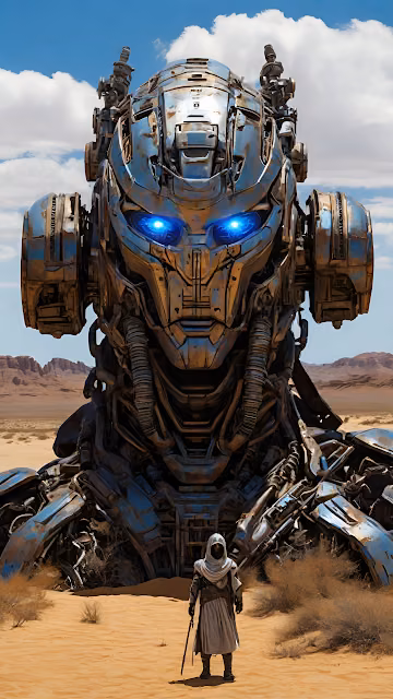 Giant Robot with Blue Eyes in Desert with Lone Figure - Free 4K & 8K Mobile Wallpaper