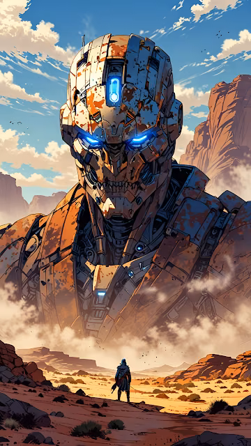 Giant Robot Towering Over Desert with Lone Figure - Free 4K & 8K Mobile Wallpaper