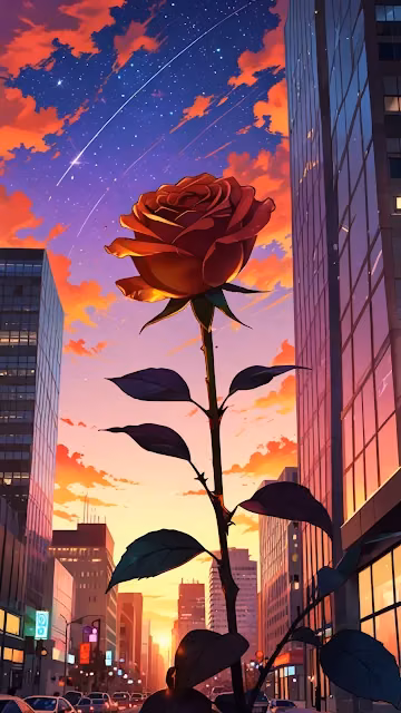 Giant Rose Blooming in City at Sunset Sky - Free 4K & 8K Mobile Wallpaper