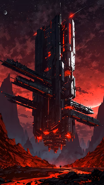 Giant Sci-Fi Tower Hovering Over Red Alien Wasteland - Free 4K & 8K Mobile Wallpaper