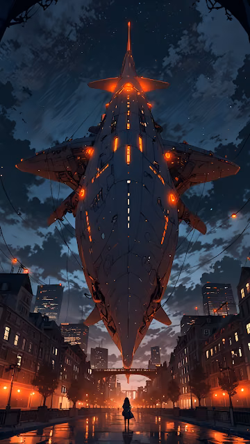 Giant Spaceship Hovering Over Rainy City Street - Free 4K & 8K Mobile Wallpaper