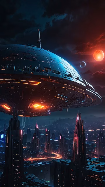 Giant UFO Hovering Over Neon Cyberpunk City - Free 4K & 8K Mobile Wallpaper