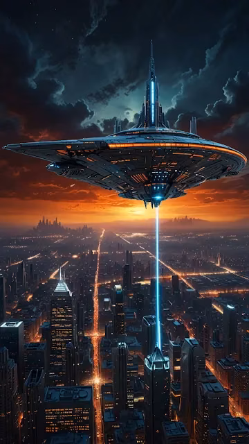 Giant UFO hovers over city at sunset with blue energy beam - Free 4K & 8K Mobile Wallpaper