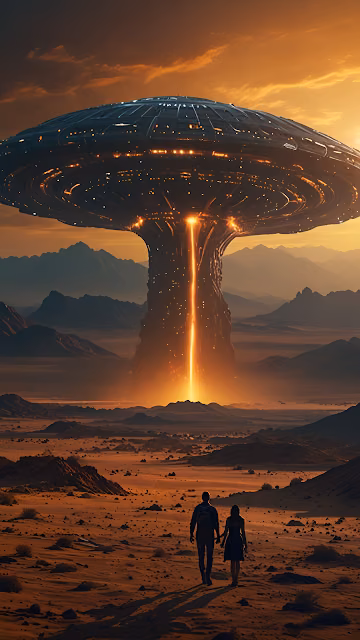 Giant UFO Landing Desert Sunset Couple Silhouette - Free 4K & 8K Mobile Wallpaper