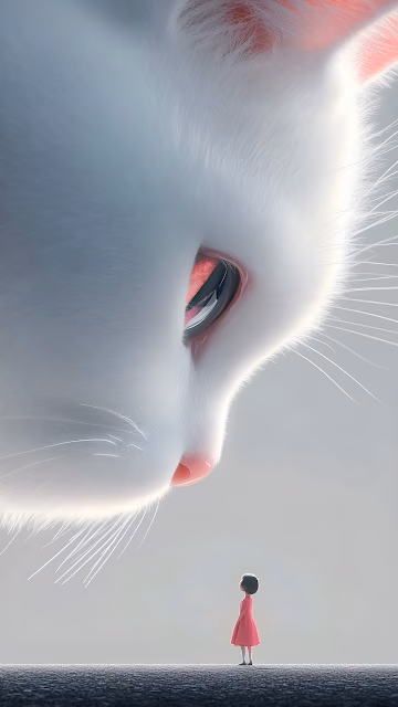 Giant White Cat Staring Tiny Girl Surreal Fantasy Scene - Free 4K & 8K Mobile Wallpaper