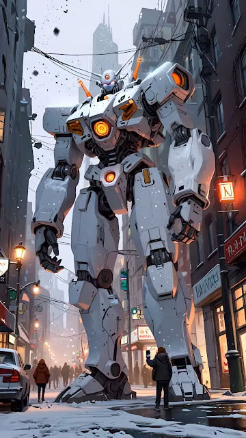 Giant White Robot Towering Over Snowy City Street - Free 4K & 8K Mobile Wallpaper