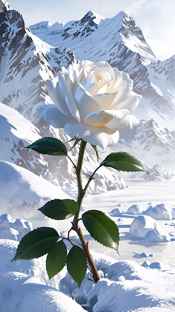 Giant White Rose Growing in Snowy Alpine Mountain Landscape - Free 4K & 8K Mobile Wallpaper