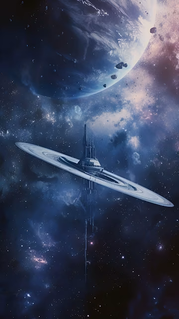 Gigantic Ringed Space Station Above Distant Blue Planet - Free 4K & 8K Mobile Wallpaper
