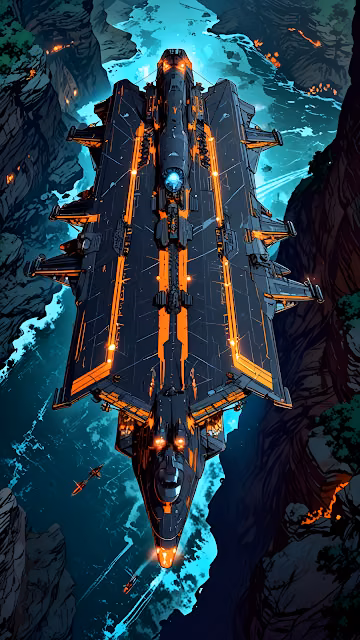 Gigantic Sci Fi Frigate Navigating Deep Canyon - Free 4K & 8K Mobile Wallpaper