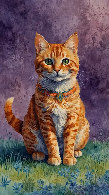 Ginger Cat with Flower Collar on Purple Background - Free 4K & 8K Mobile Wallpaper