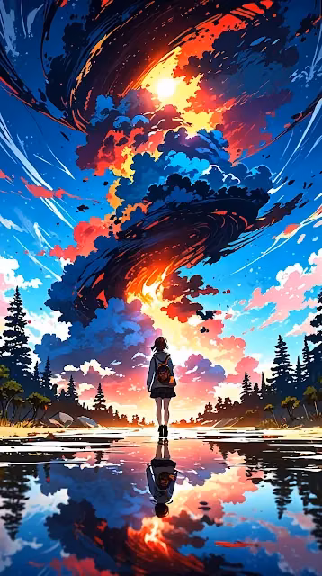 Girl Gazing at Fiery Sky Over Lake with Mirror Reflection - Free 4K & 8K Mobile Wallpaper