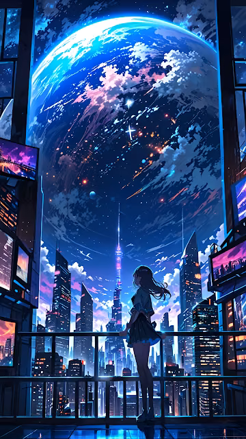 Girl Gazing at Giant Earth from Neon Cyberpunk Balcony - Free 4K & 8K Mobile Wallpaper