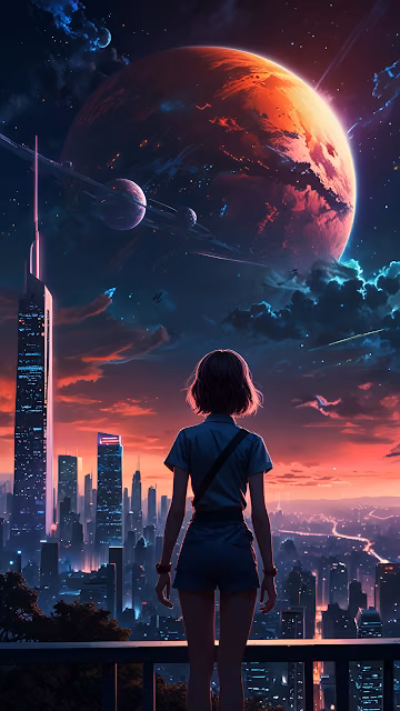 Girl Gazing at Red Planet Over Neon City Skyline - Free 4K & 8K Mobile Wallpaper