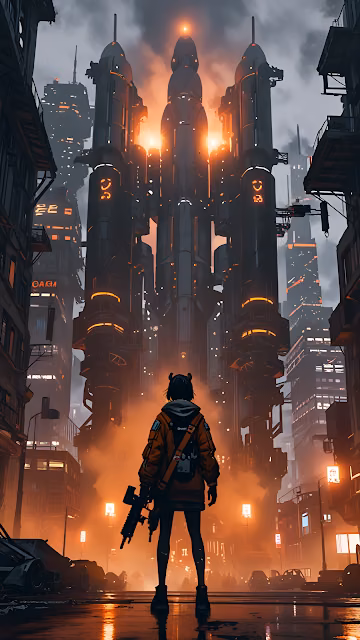 Girl with Gun Facing Towering Rockets in Cyberpunk City - Free 4K & 8K Mobile Wallpaper