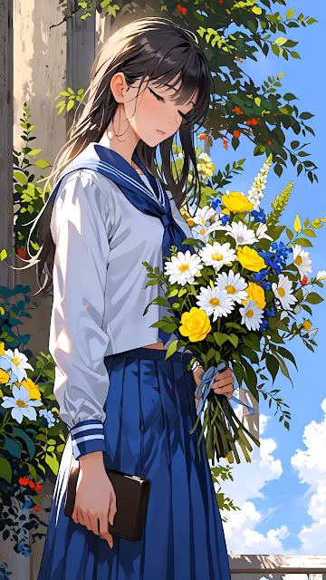 Girl in Sailor Uniform Holding Bouquet Under Sunny Sky - Free 4K & 8K Mobile Wallpaper